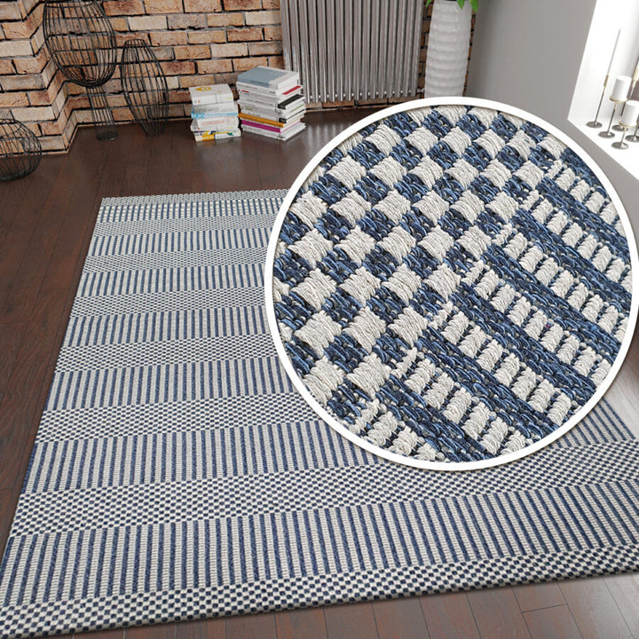 Cotton Rug Navy Blue Grey Braided Striped 60x90cm Blue Grey - TidySpaces
