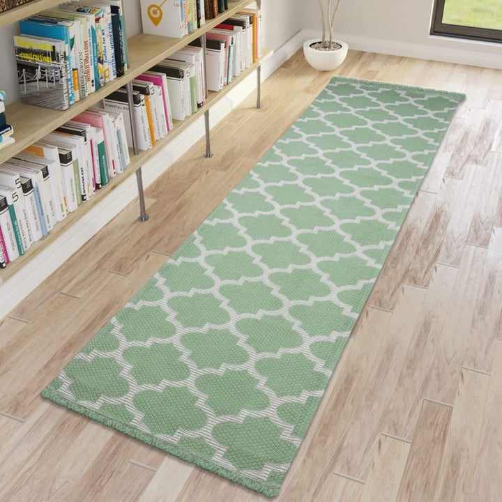 Cotton Rug Green Trellis Pattern with Tassels 75x300cm Green - TidySpaces