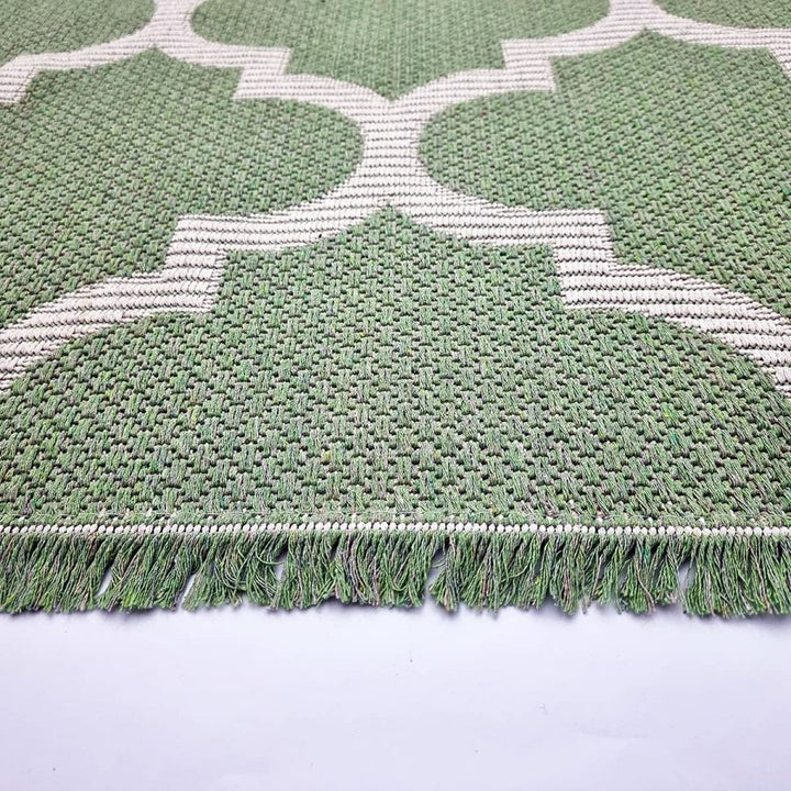 Cotton Rug Green Trellis Pattern with Tassels - TidySpaces