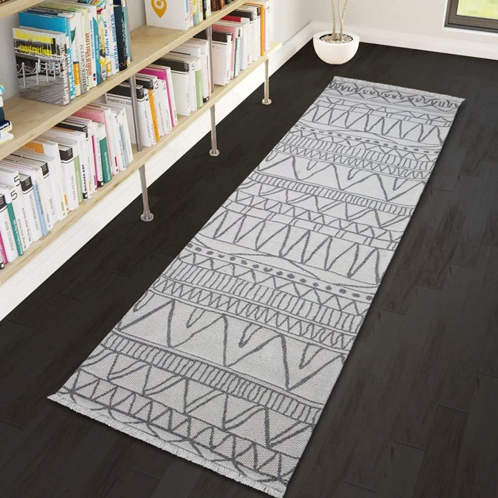 Cotton Rug Cream Grey Aztec Pattern with Tassels 75x300cm (Runner) Cream Grey - TidySpaces