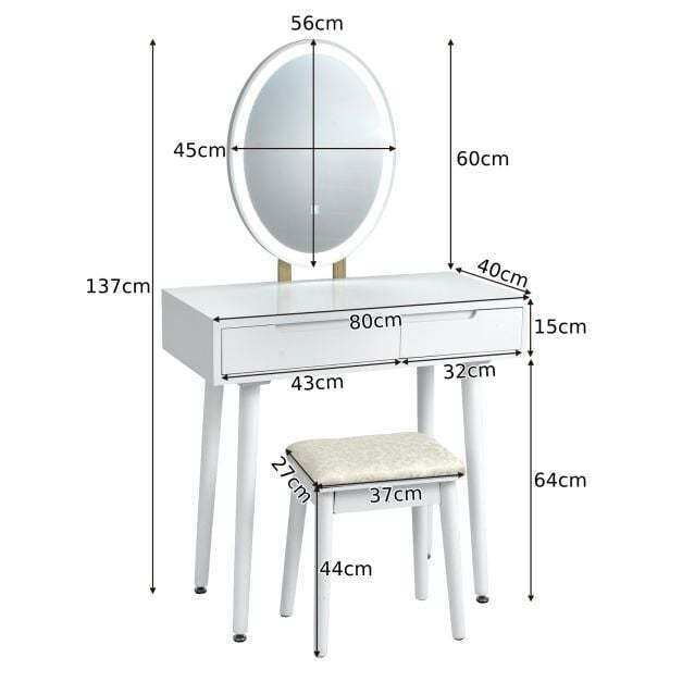 Vanity Table Set with Surrounded LED Tape Lights-White