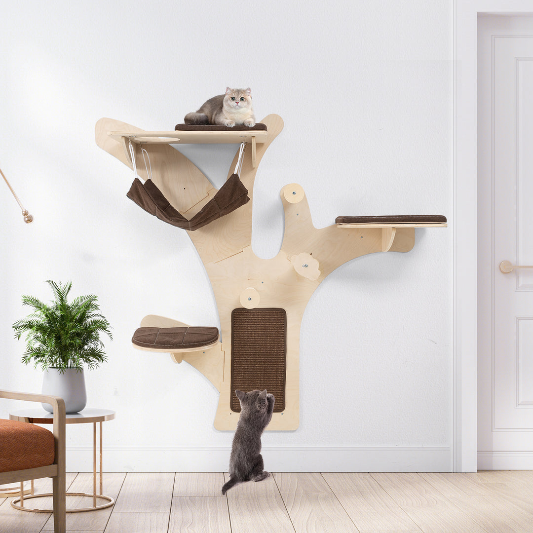 Wall-Mounted Cat Tower Furniture with Scratching Posts-Brown - TidySpaces