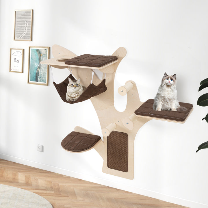 Wall-Mounted Cat Tower Furniture with Scratching Posts-Brown - TidySpaces