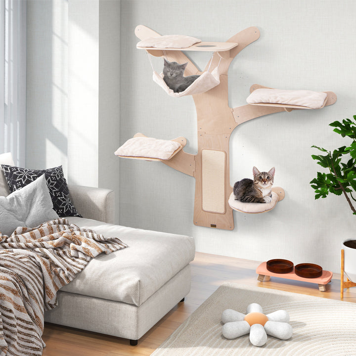 Wall-Mounted Cat Tower with Hammock-Natural - TidySpaces