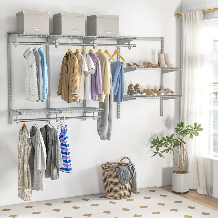 Wall Mounted Closet Organizer System with Wire Shelving and Cloth Rods - TidySpaces