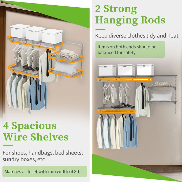 Wall Mounted Closet Organizer System with Wire Shelving and Cloth Rods - TidySpaces