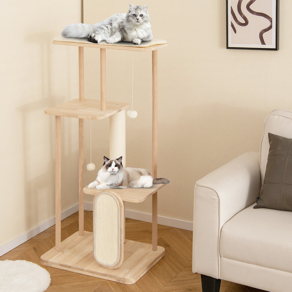 126 cm Tall Solid Wood Cat Tree with Oak Frame and Beech Post for Kittens and Adult Cats - TidySpaces
