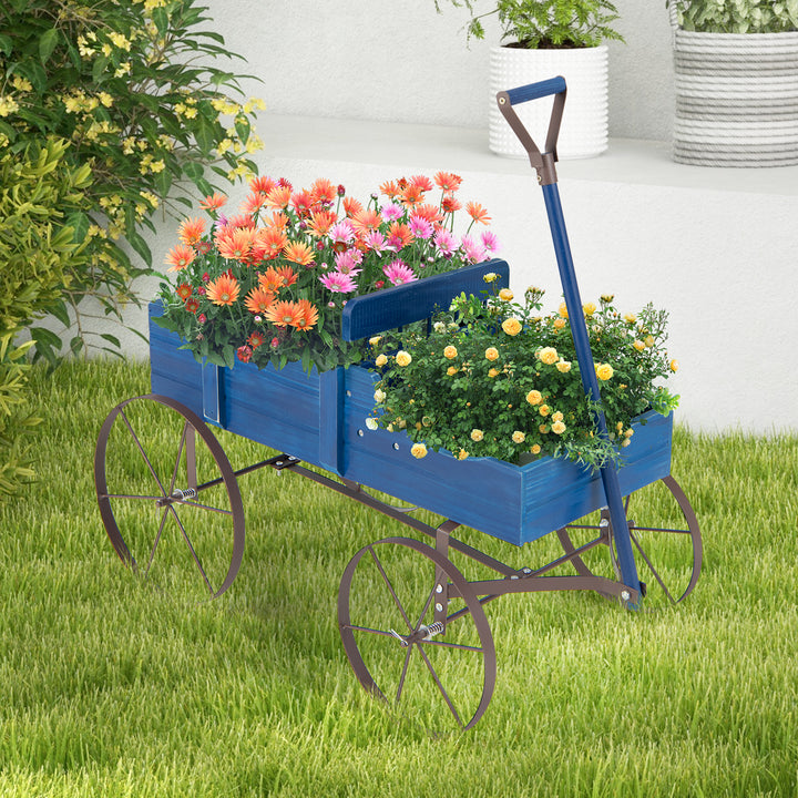 Wood Wagon Flower Planter with Wheels and 2 Planting Sections - TidySpaces