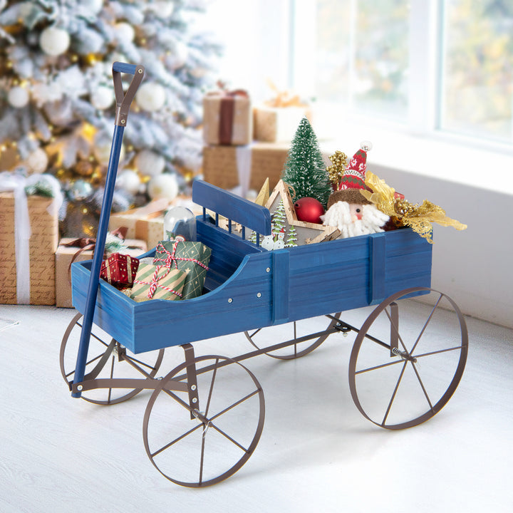 Wood Wagon Flower Planter with Wheels and 2 Planting Sections - TidySpaces