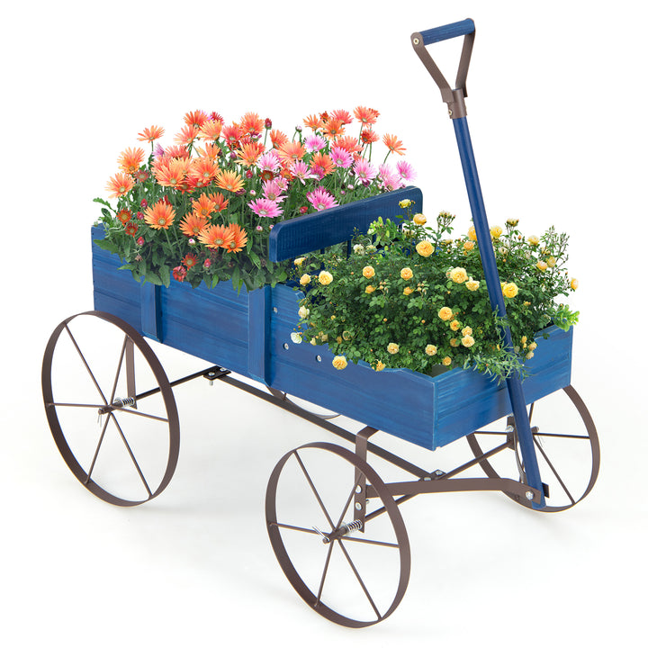 Wood Wagon Flower Planter with Wheels and 2 Planting Sections Blue - TidySpaces