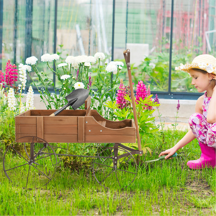 Wood Wagon Flower Planter with Wheels and 2 Planting Sections - TidySpaces