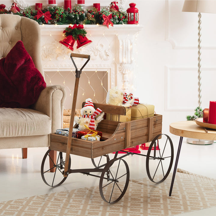 Wood Wagon Flower Planter with Wheels and 2 Planting Sections - TidySpaces