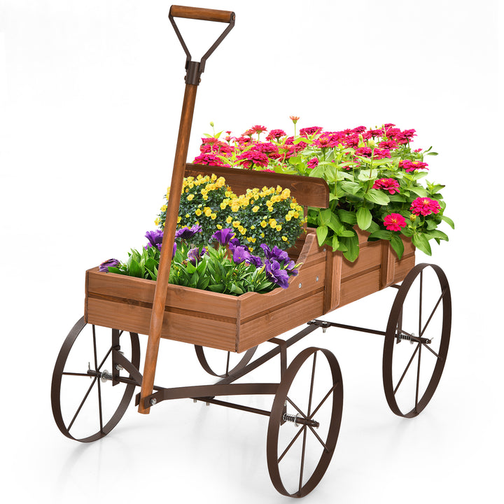 Wood Wagon Flower Planter with Wheels and 2 Planting Sections Brown - TidySpaces