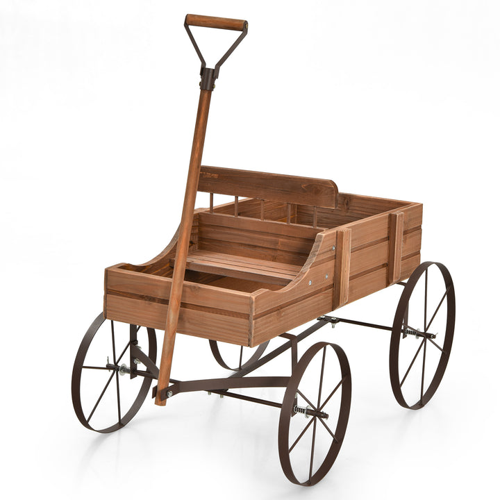 Wood Wagon Flower Planter with Wheels and 2 Planting Sections - TidySpaces