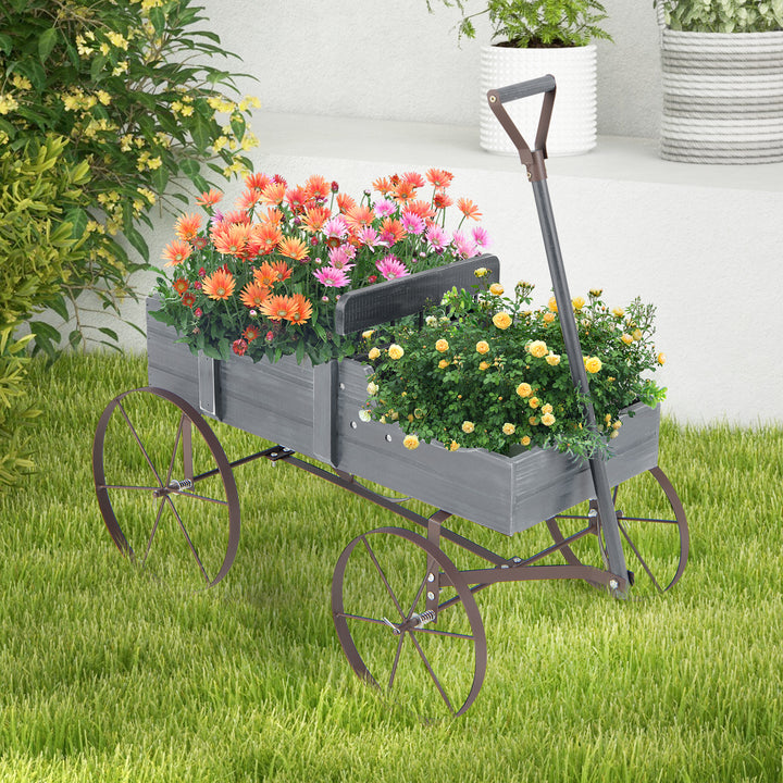 Wood Wagon Flower Planter with Wheels and 2 Planting Sections - TidySpaces