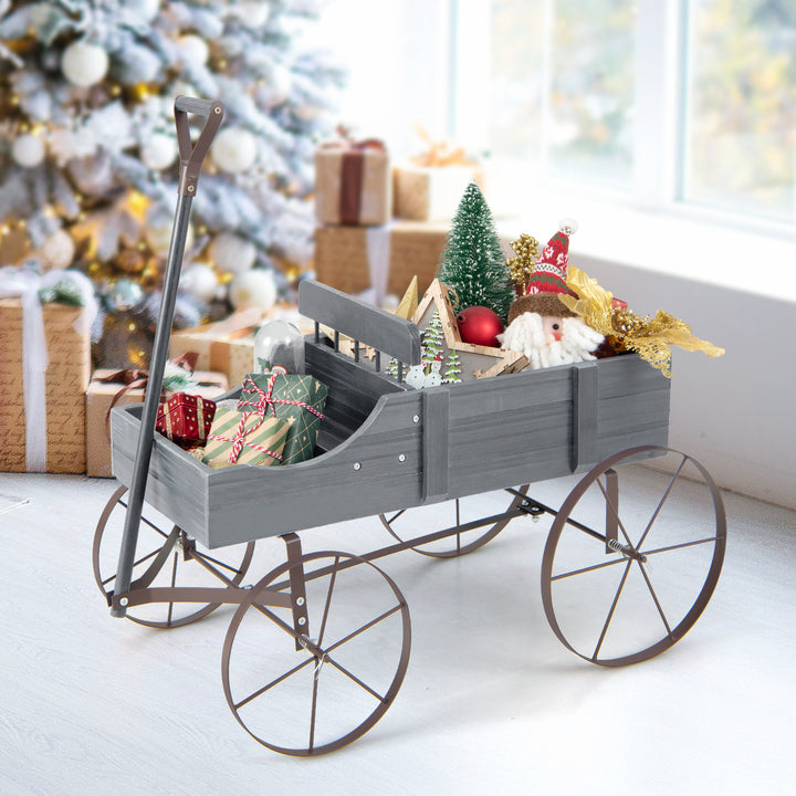 Wood Wagon Flower Planter with Wheels and 2 Planting Sections - TidySpaces