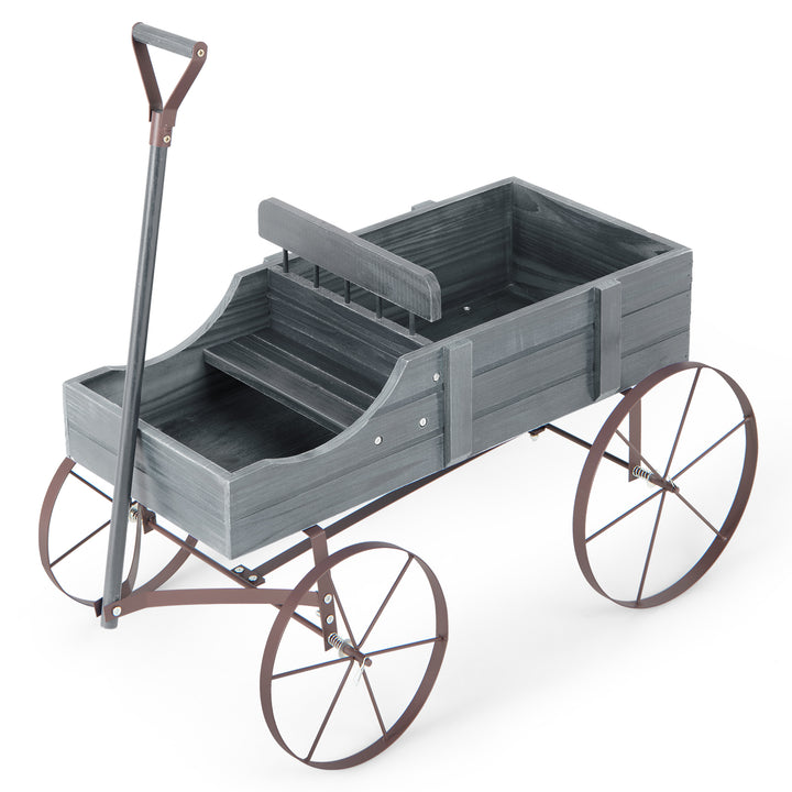 Wood Wagon Flower Planter with Wheels and 2 Planting Sections - TidySpaces