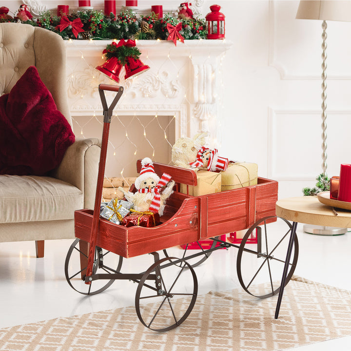 Wood Wagon Flower Planter with Wheels and 2 Planting Sections - TidySpaces