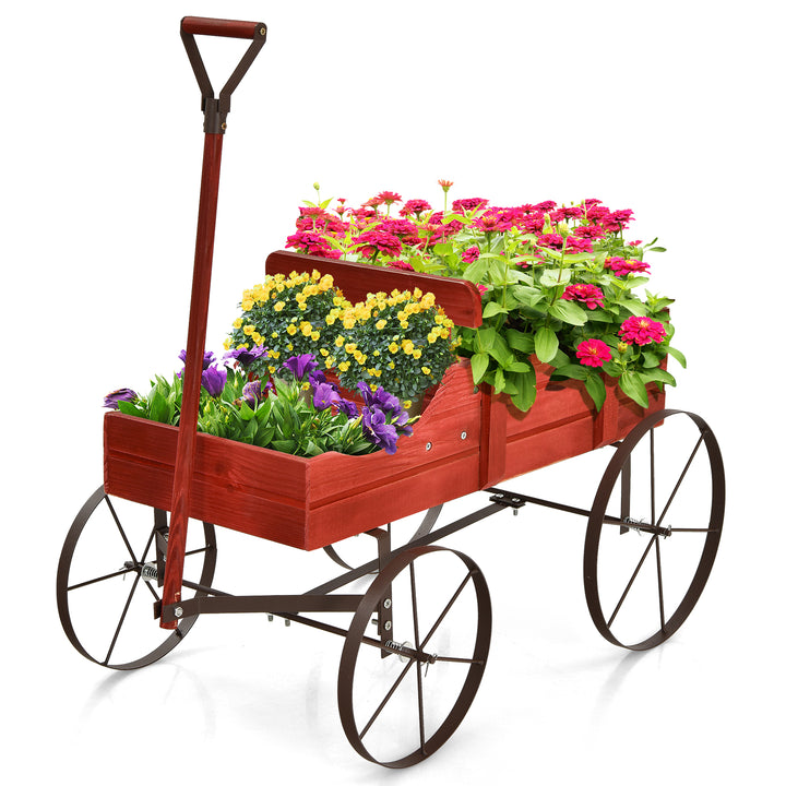 Wood Wagon Flower Planter with Wheels and 2 Planting Sections Red - TidySpaces