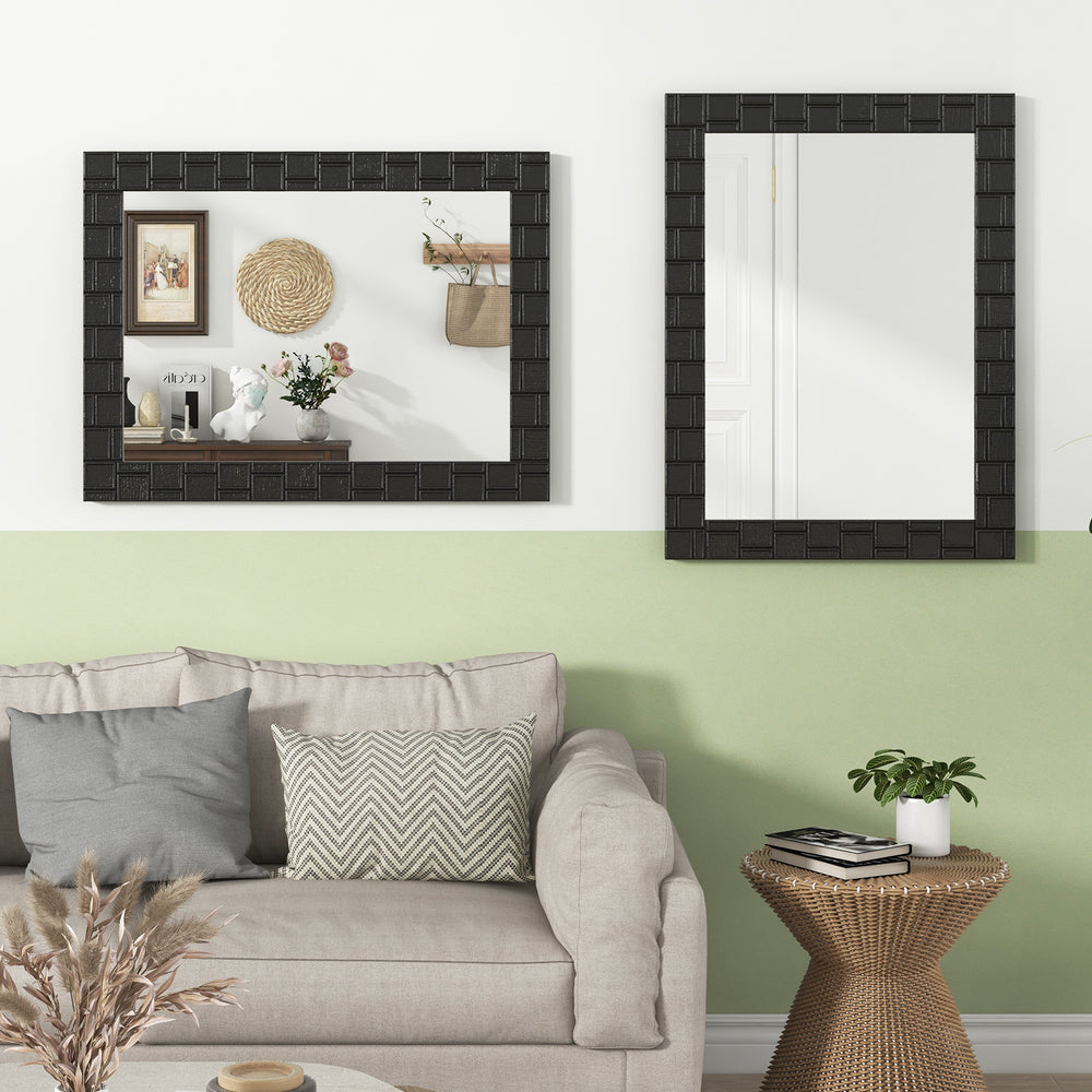 80 x 60 cm Wooden Framed Wall Mirror with Metal Hooks-Black - TidySpaces