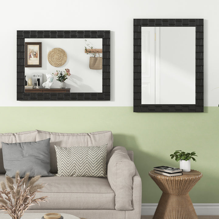 80 x 60 cm Wooden Framed Wall Mirror with Metal Hooks-Black - TidySpaces