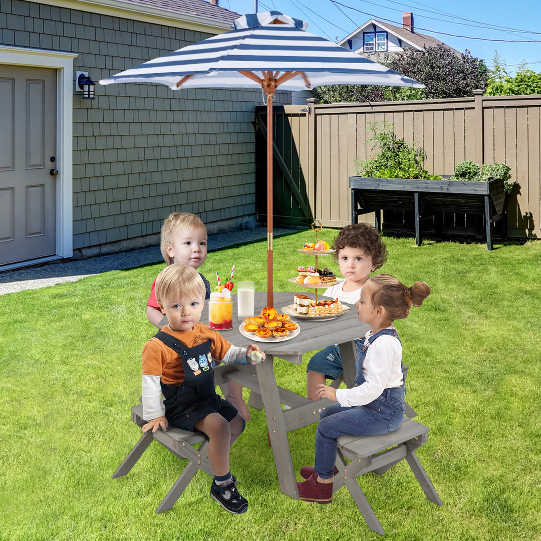 Wooden Kids Picnic Table Set with 4 Chairs and Adjustable Umbrella - TidySpaces
