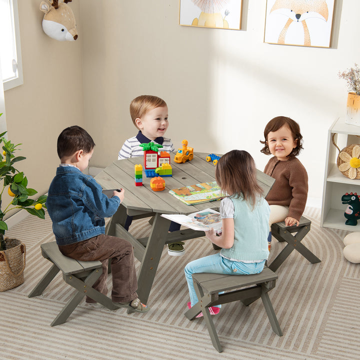 Wooden Kids Picnic Table Set with 4 Chairs and Adjustable Umbrella - TidySpaces