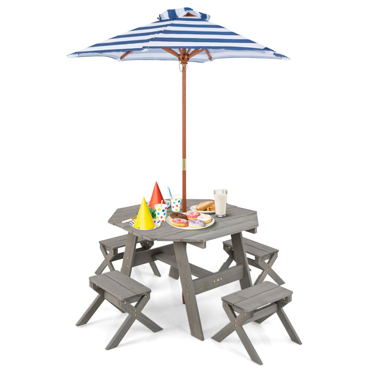Wooden Kids Picnic Table Set with 4 Chairs and Adjustable Umbrella Grey - TidySpaces