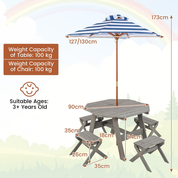 Wooden Kids Picnic Table Set with 4 Chairs and Adjustable Umbrella - TidySpaces