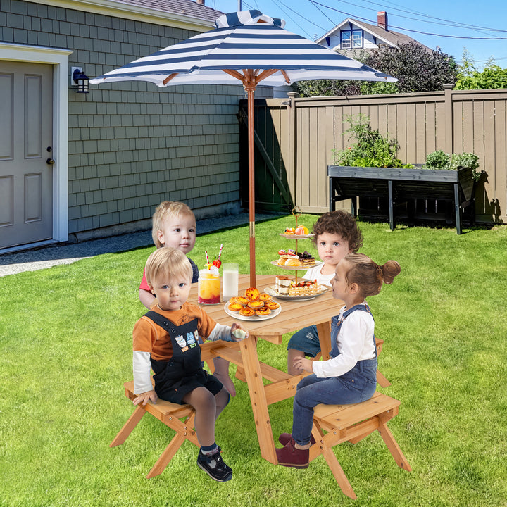 Wooden Kids Picnic Table Set with 4 Chairs and Adjustable Umbrella - TidySpaces