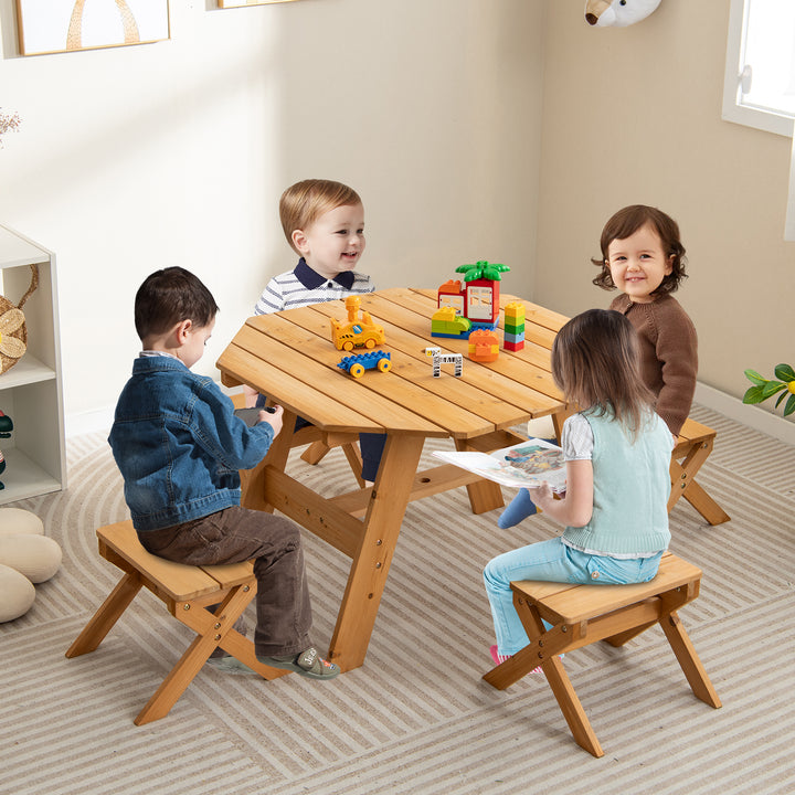 Wooden Kids Picnic Table Set with 4 Chairs and Adjustable Umbrella - TidySpaces