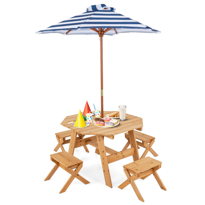 Wooden Kids Picnic Table Set with 4 Chairs and Adjustable Umbrella Natural - TidySpaces
