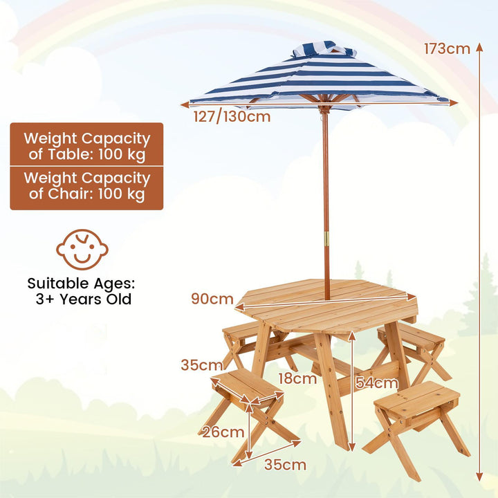Wooden Kids Picnic Table Set with 4 Chairs and Adjustable Umbrella - TidySpaces
