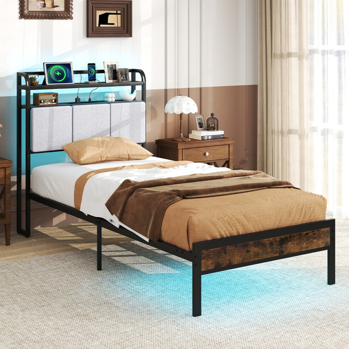 Bed Frame with LED Light and Charging Station for Multiple Sizes