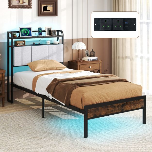 Bed Frame with LED Light and Charging Station for Multiple Sizes