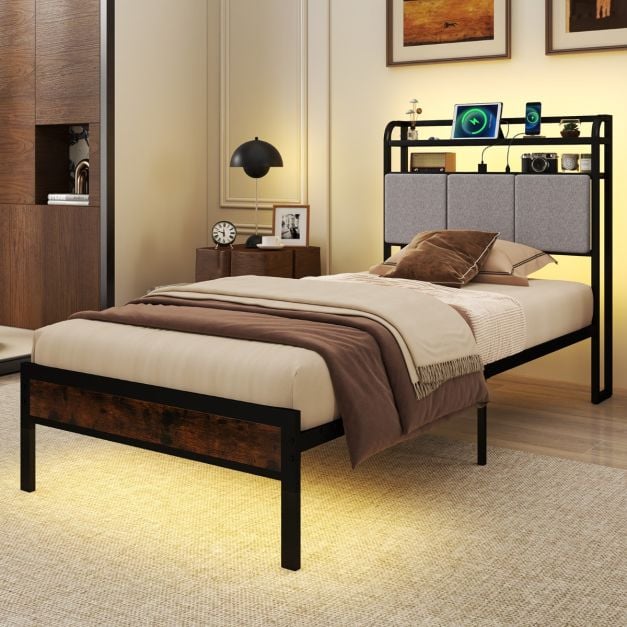 Bed Frame with LED Light and Charging Station for Multiple Sizes