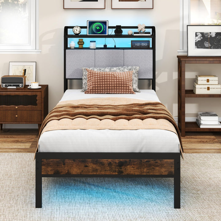Bed Frame with LED Light and Charging Station for Multiple Sizes