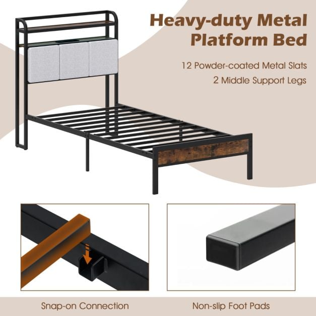 Bed Frame with LED Light and Charging Station for Multiple Sizes