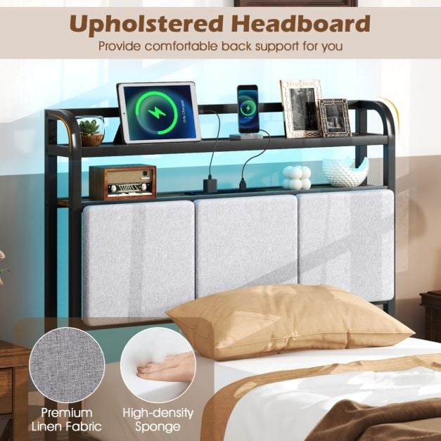 Bed Frame with LED Light and Charging Station for Multiple Sizes