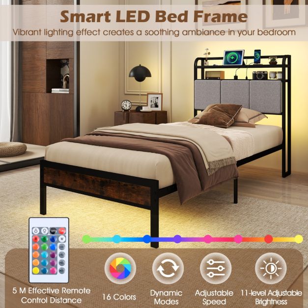 Bed Frame with LED Light and Charging Station for Multiple Sizes