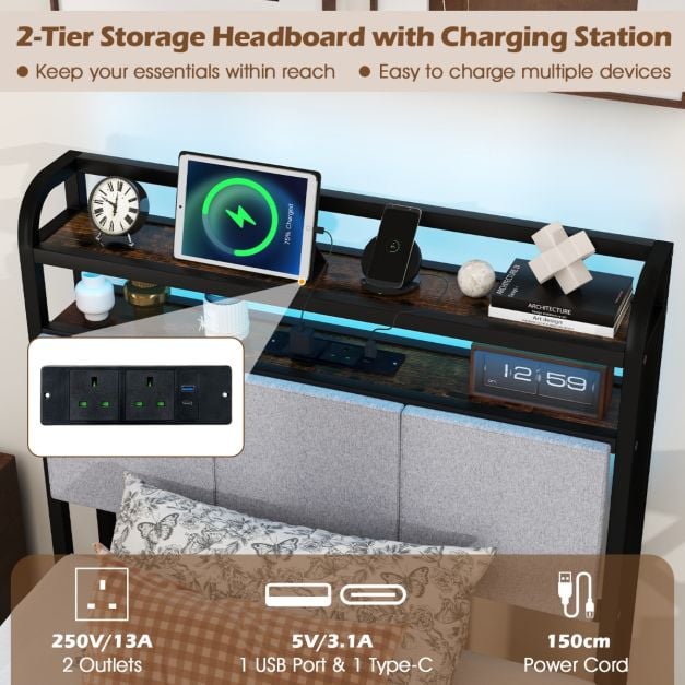 Bed Frame with LED Light and Charging Station for Multiple Sizes