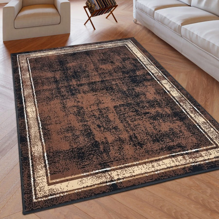 Brown Geometric Rug Bordered Pattern Soft Carpet Brown - TidySpaces