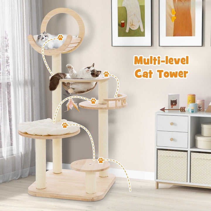 4-in-1 Large Wooden Cat Tower with Space Capsule Nest and Sisal Scratching Posts - TidySpaces