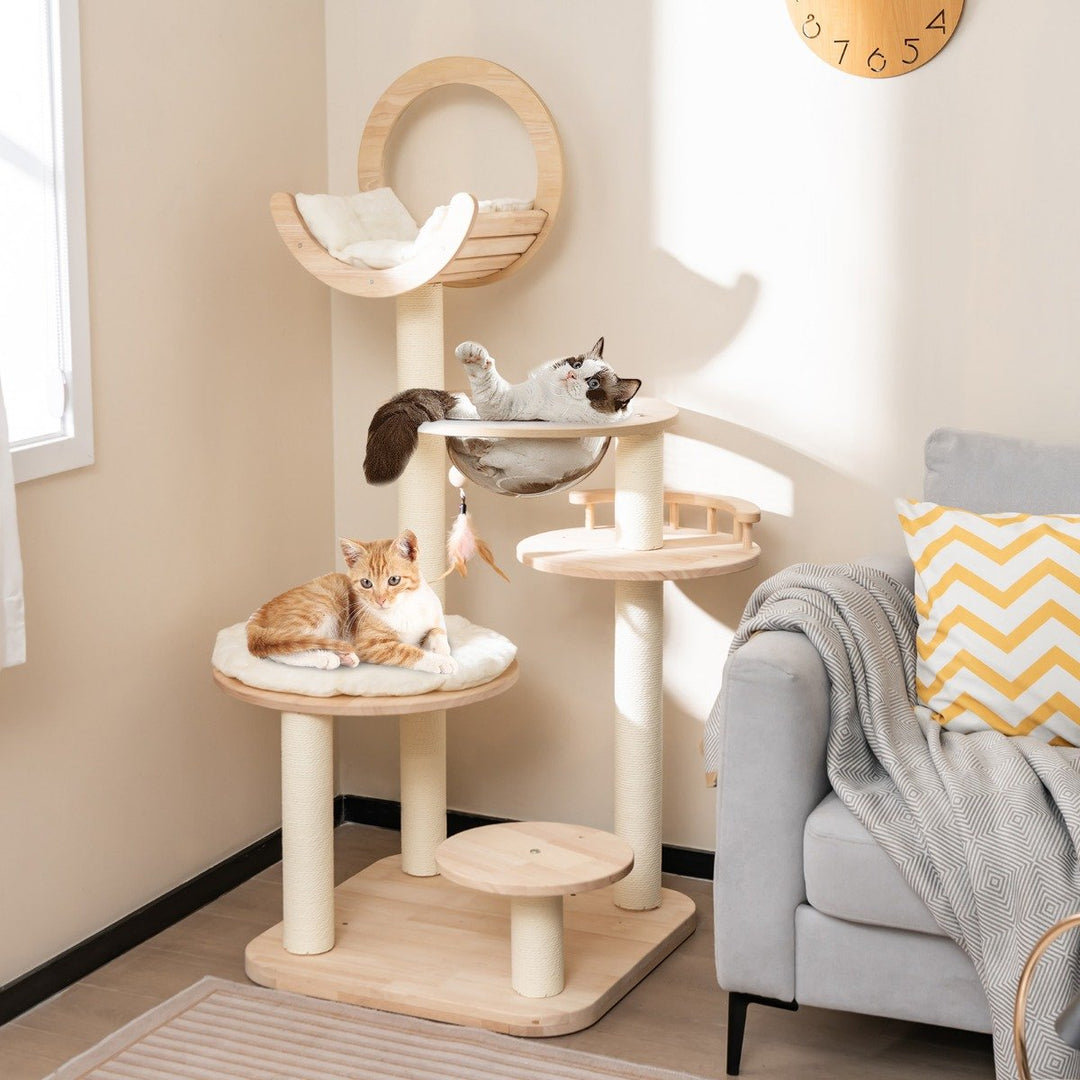4-in-1 Large Wooden Cat Tower with Space Capsule Nest and Sisal Scratching Posts - TidySpaces
