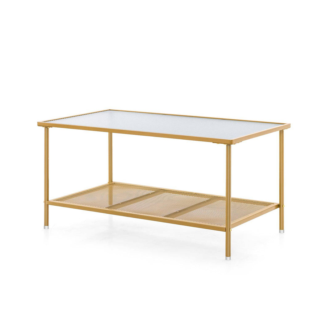 2 Tier Coffee Table with Shelf Tempered Glass Top Golden - TidySpaces