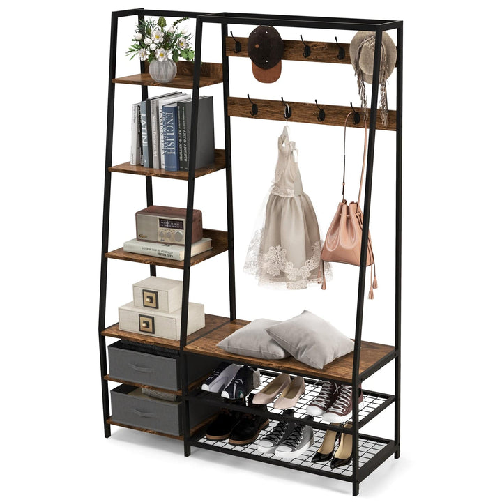 6 in 1 Freestanding Garment Coat Rack with 9 Hooks and 6 Storage Shelves - TidySpaces