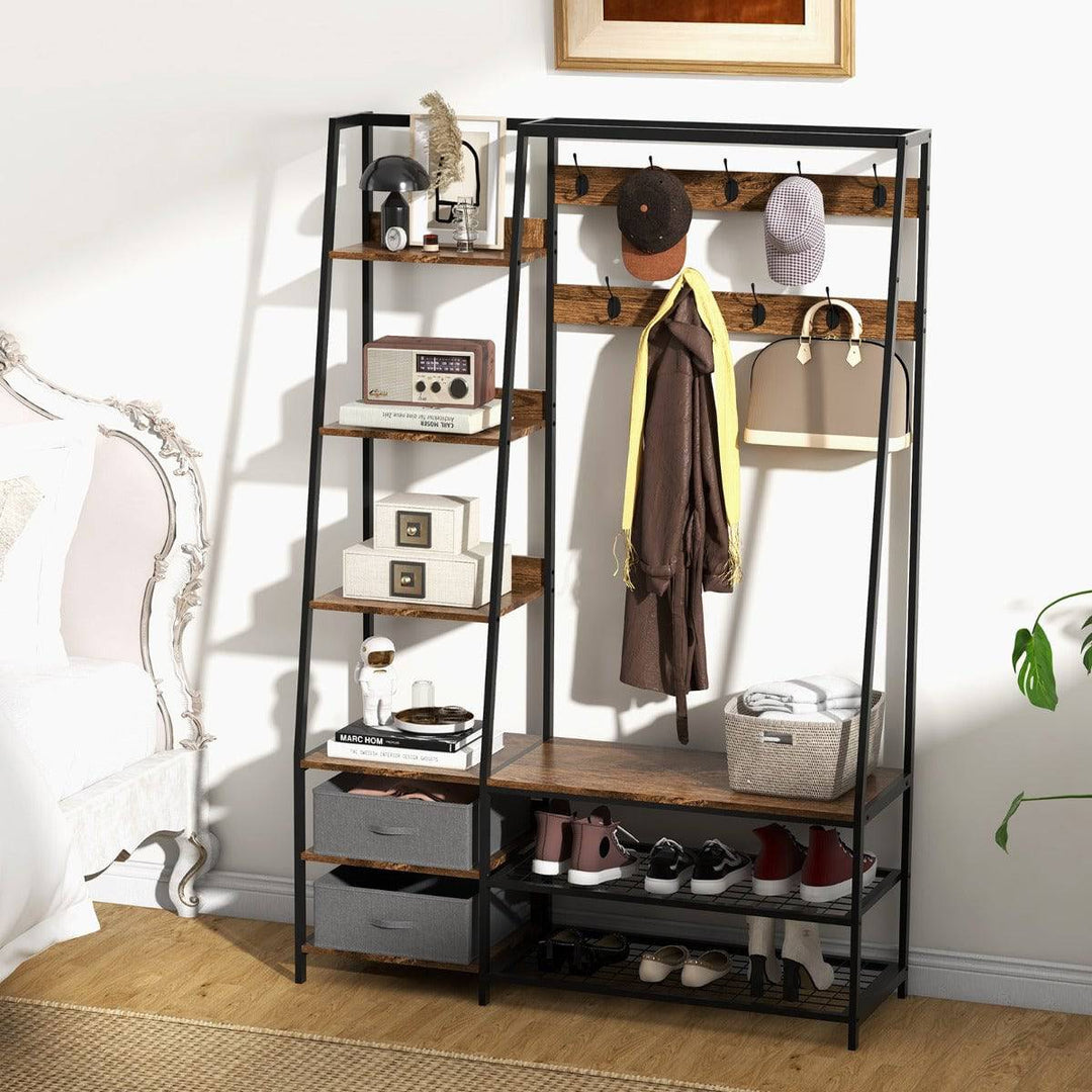 6 in 1 Freestanding Garment Coat Rack with 9 Hooks and 6 Storage Shelves - TidySpaces