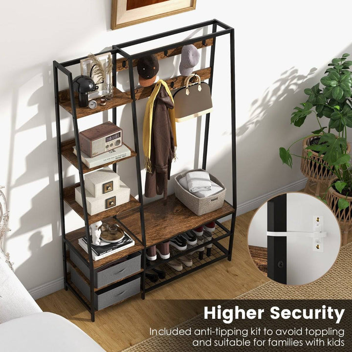 6 in 1 Freestanding Garment Coat Rack with 9 Hooks and 6 Storage Shelves - TidySpaces