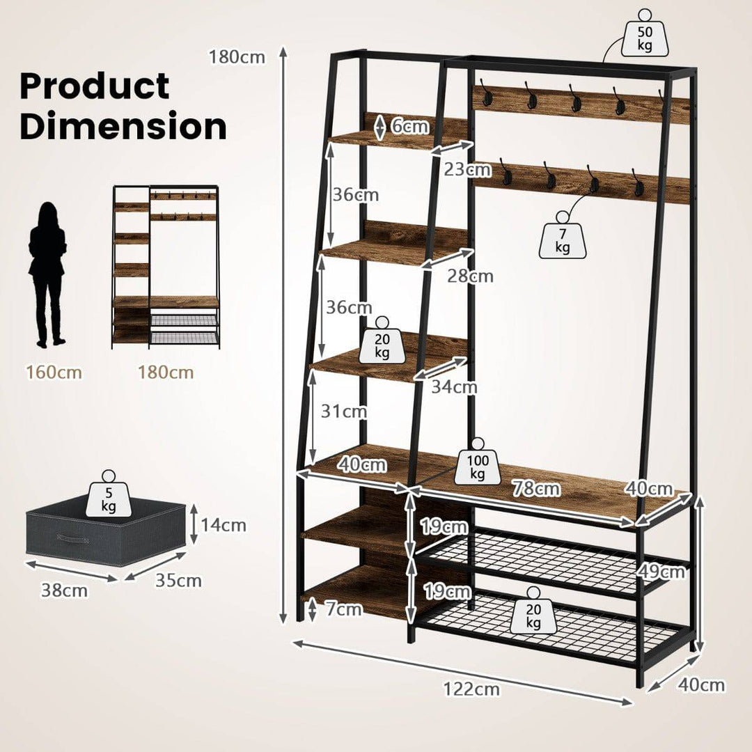 6 in 1 Freestanding Garment Coat Rack with 9 Hooks and 6 Storage Shelves - TidySpaces