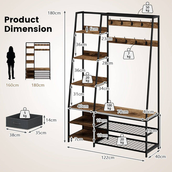 6 in 1 Freestanding Garment Coat Rack with 9 Hooks and 6 Storage Shelves - TidySpaces